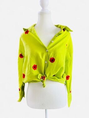 Casey Coleman 100% Linen Green Floral Embroidered Poppy Top - S